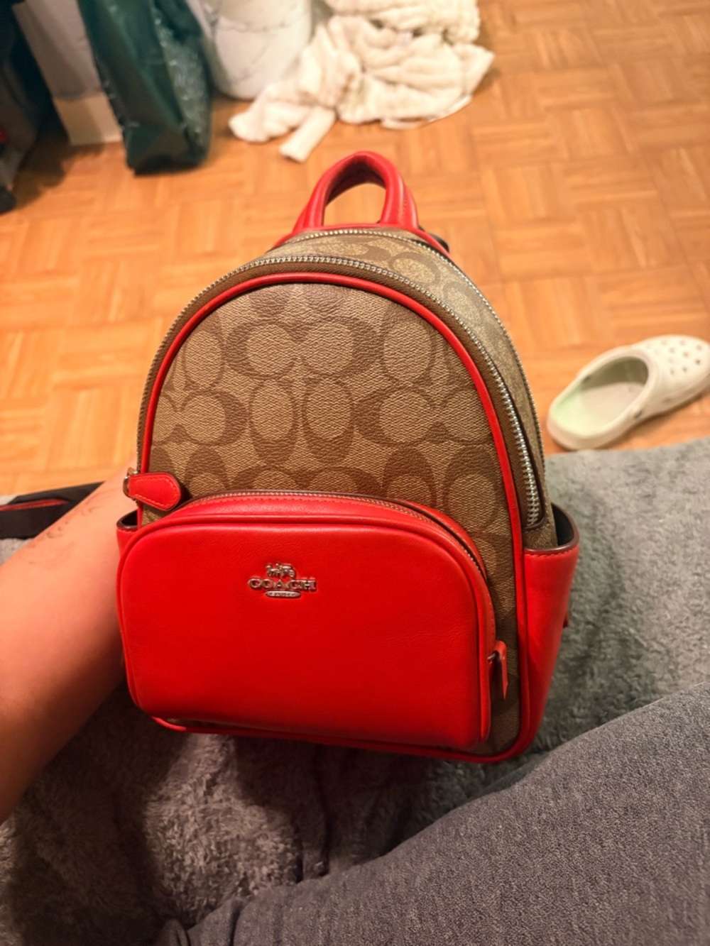 Coach Mini Backpack in Khaki Signature Canvas with Red Trim